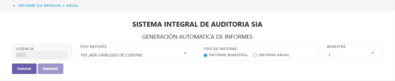 Vsta inicial del reporte SIA