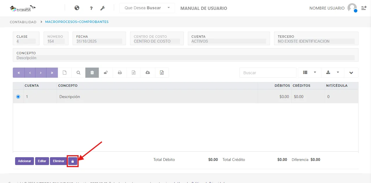 Vista botones inferiores para modificar registros de comprobantes