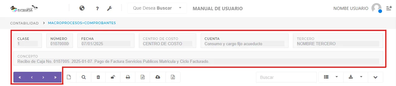 Vista general encabezado y botones de navegación