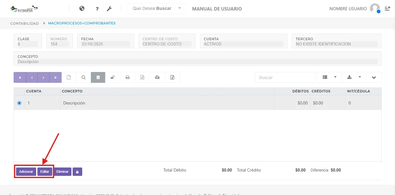 Vista botones inferiores para modificar registros de comprobantes