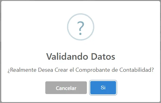 Vista alerta confirmación creacion comprobante