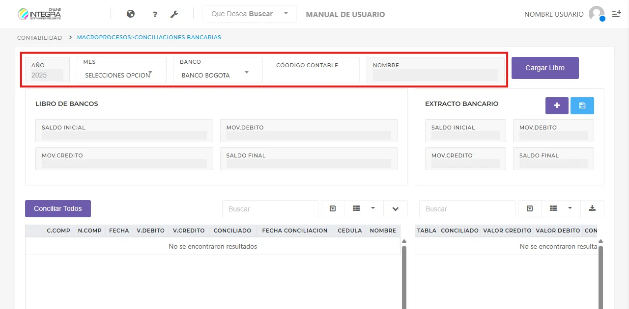 Vista filtro/formulario de libro bancario
