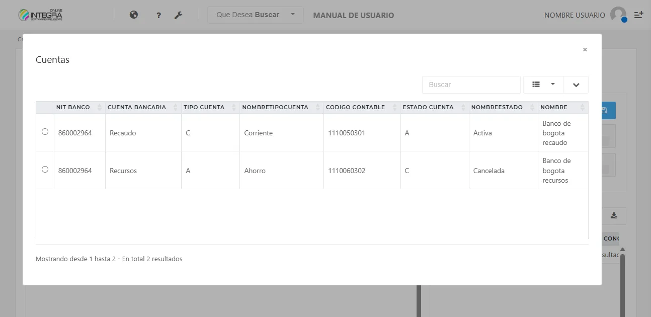 Vista seleccion de cuenta bancaria