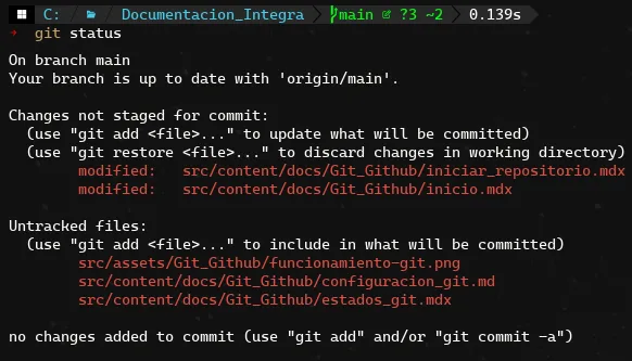 ejemplo uso git status