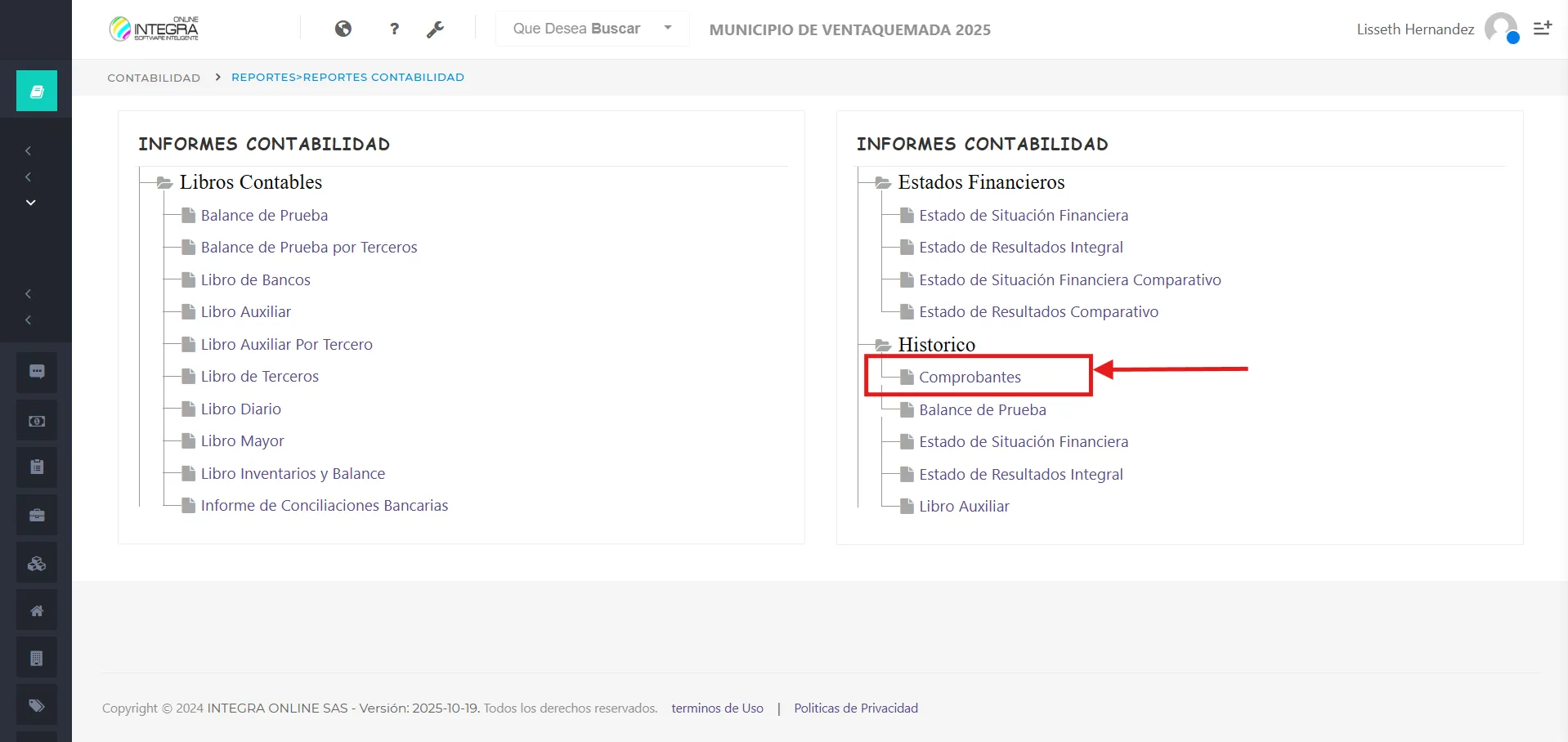 Vsta inicial del reporte Comprobantes