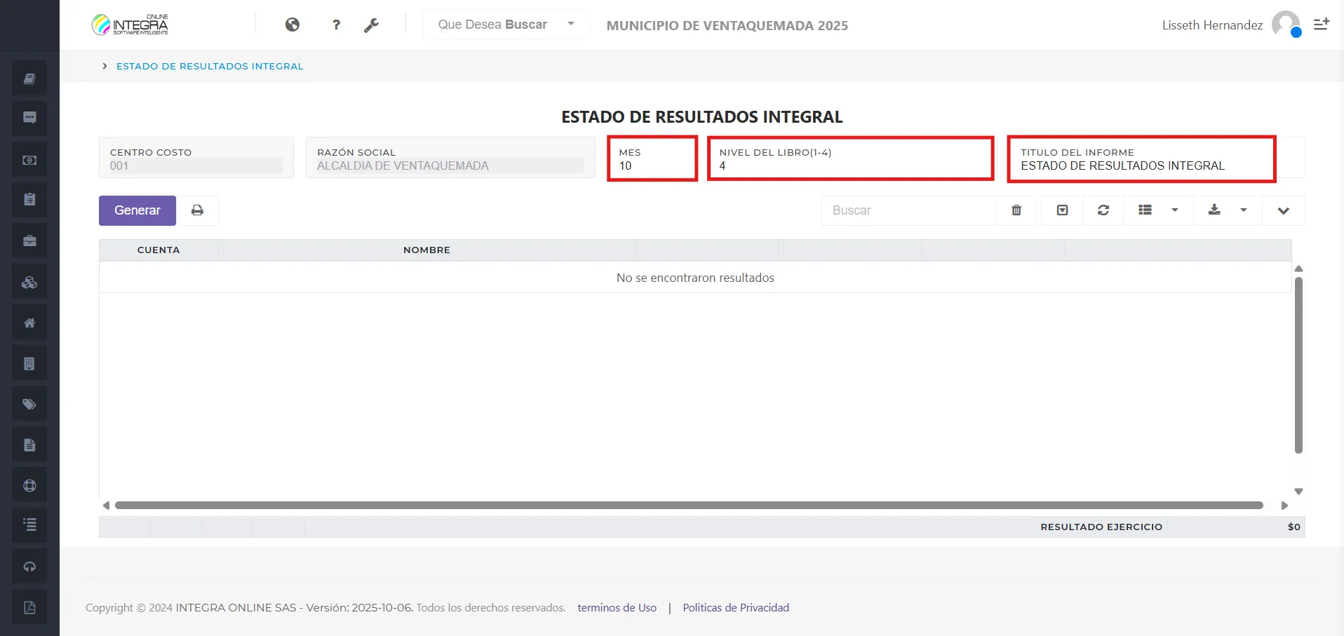 Vsta inicial del reporte Estado de Resultado Integral
