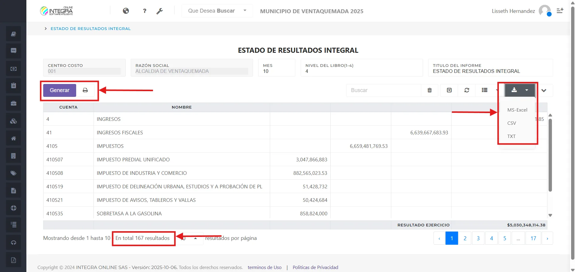 Vsta inicial del reporte Estado de Resultado Integral