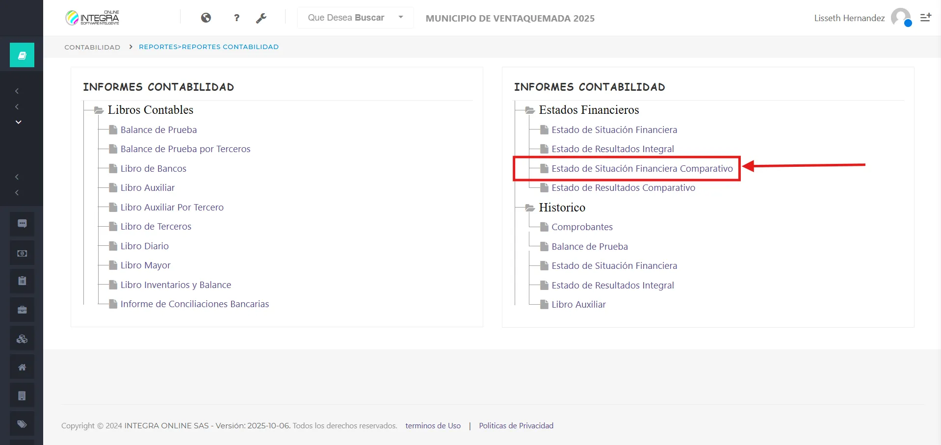 Vsta inicial del reporte Estado de Situación Financiera Comparativo