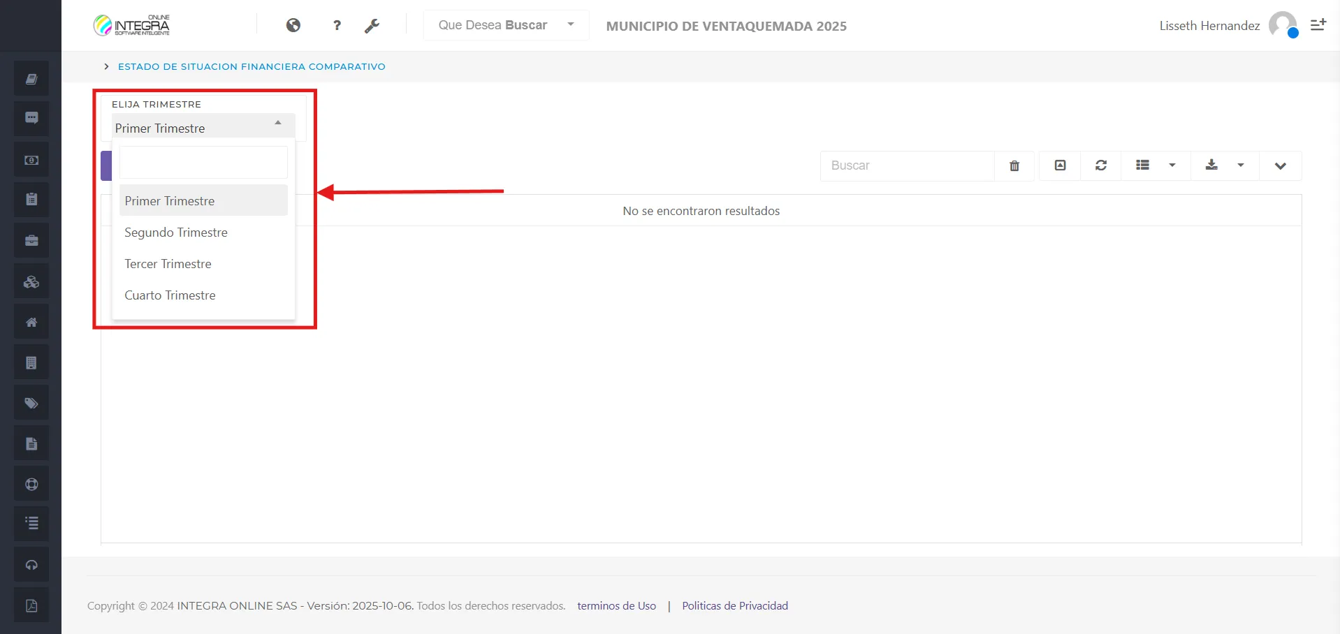 Vsta inicial del reporte Estado de Situación Financiera Comparativo