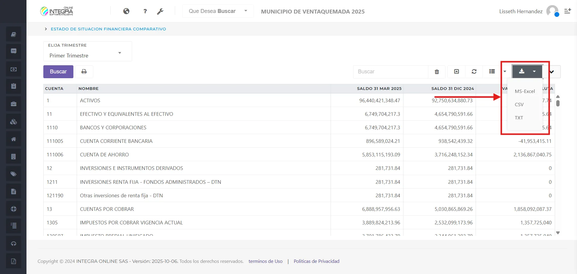 Vsta inicial del reporte Estado de Situación Financiera Comparativo