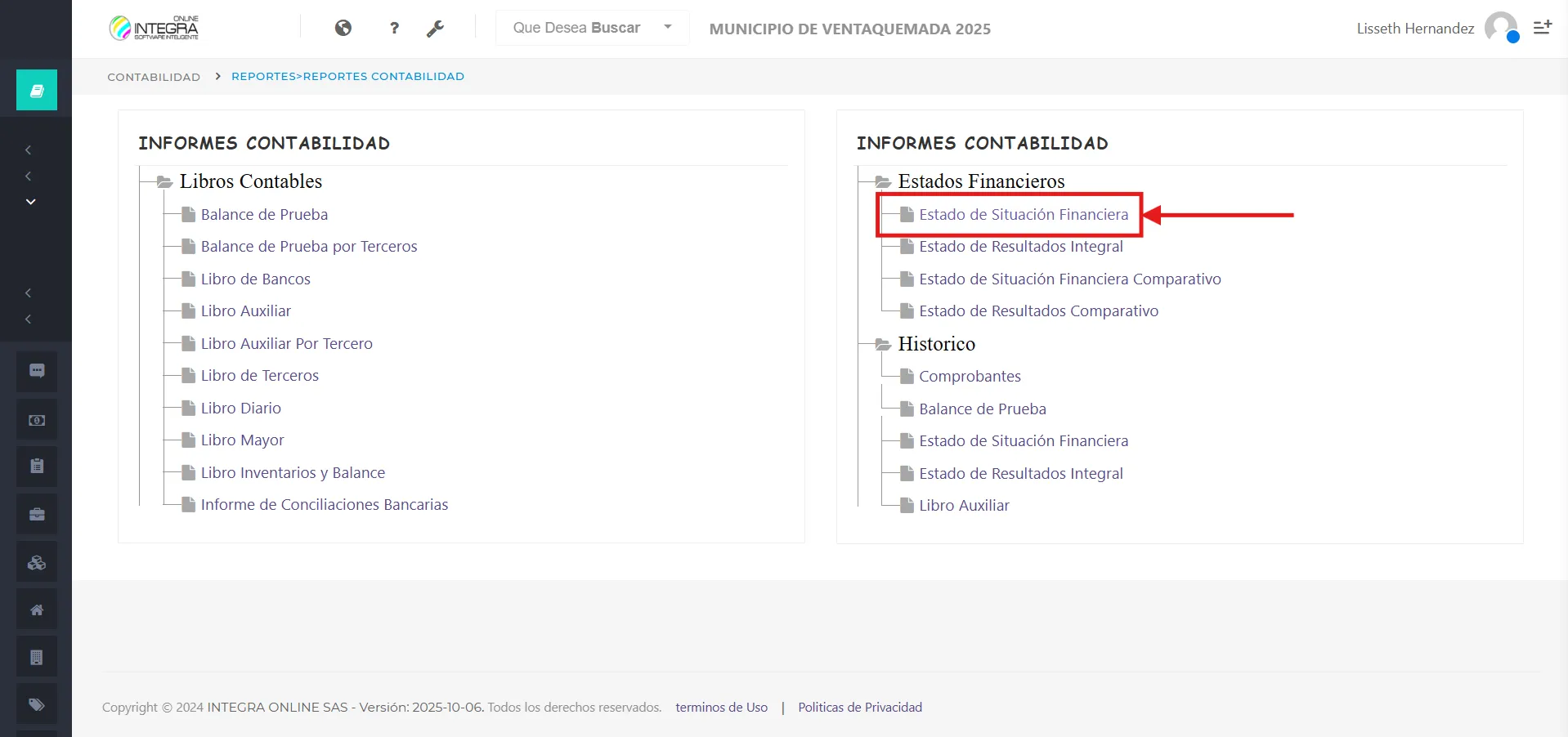 Vsta inicial del reporte Estado de Situación Financiera