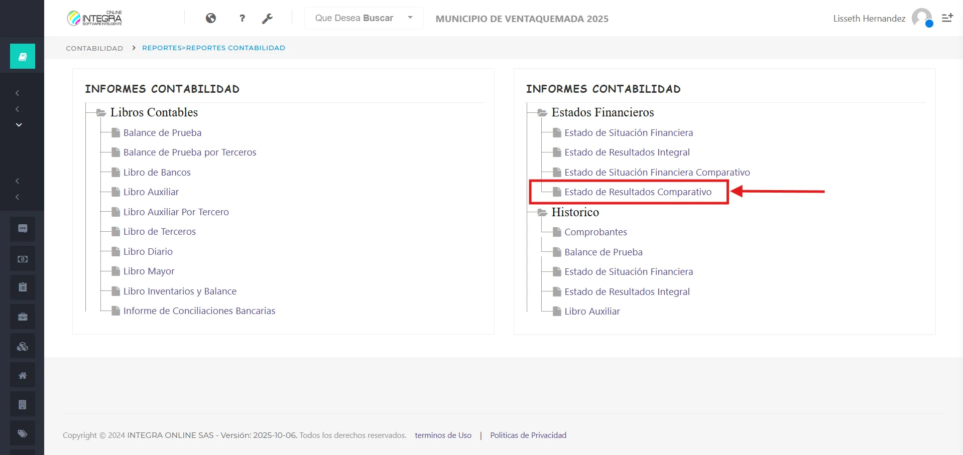 Vsta inicial del reporte Estado de Resultados Comparativo