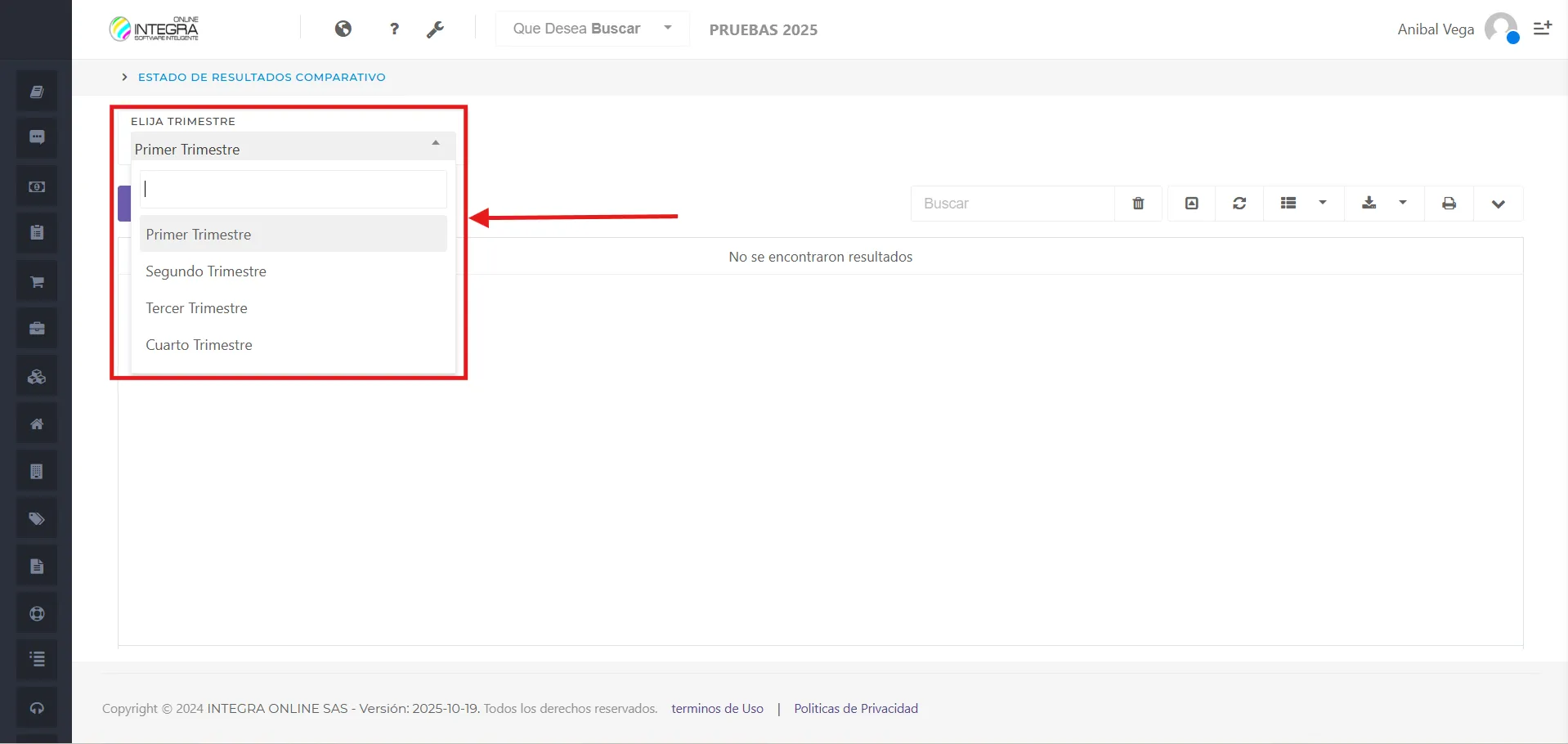 Vsta inicial del reporte Estado de Resultados Comparativo