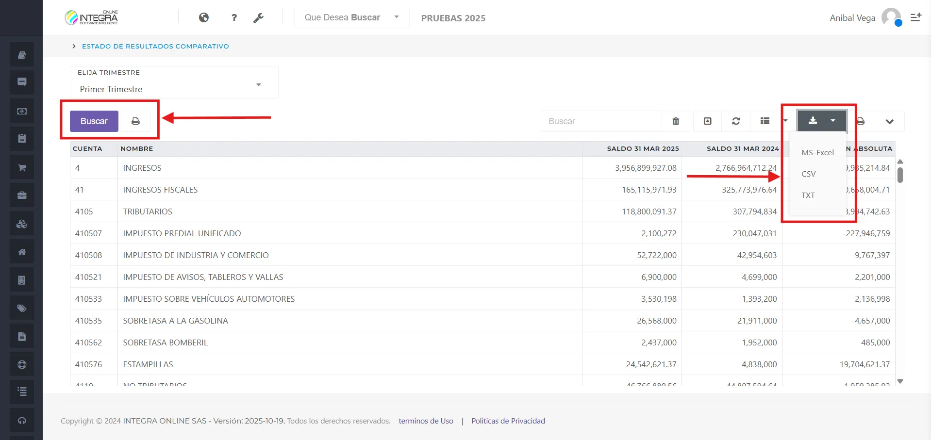 Vsta inicial del reporte Estado de Resultados Comparativo