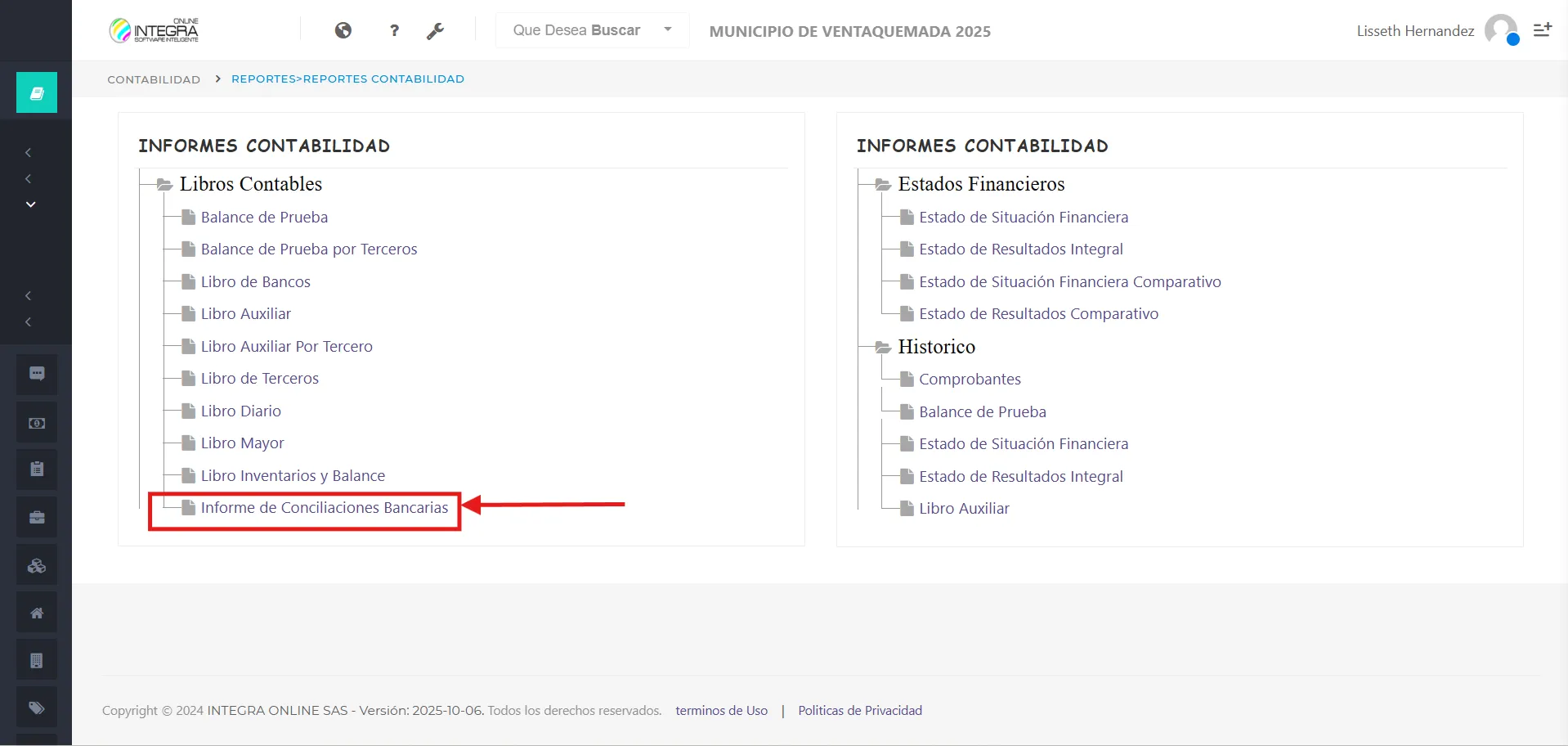 Vsta inicial del reporte Informe de Conciliaciones Bancarias