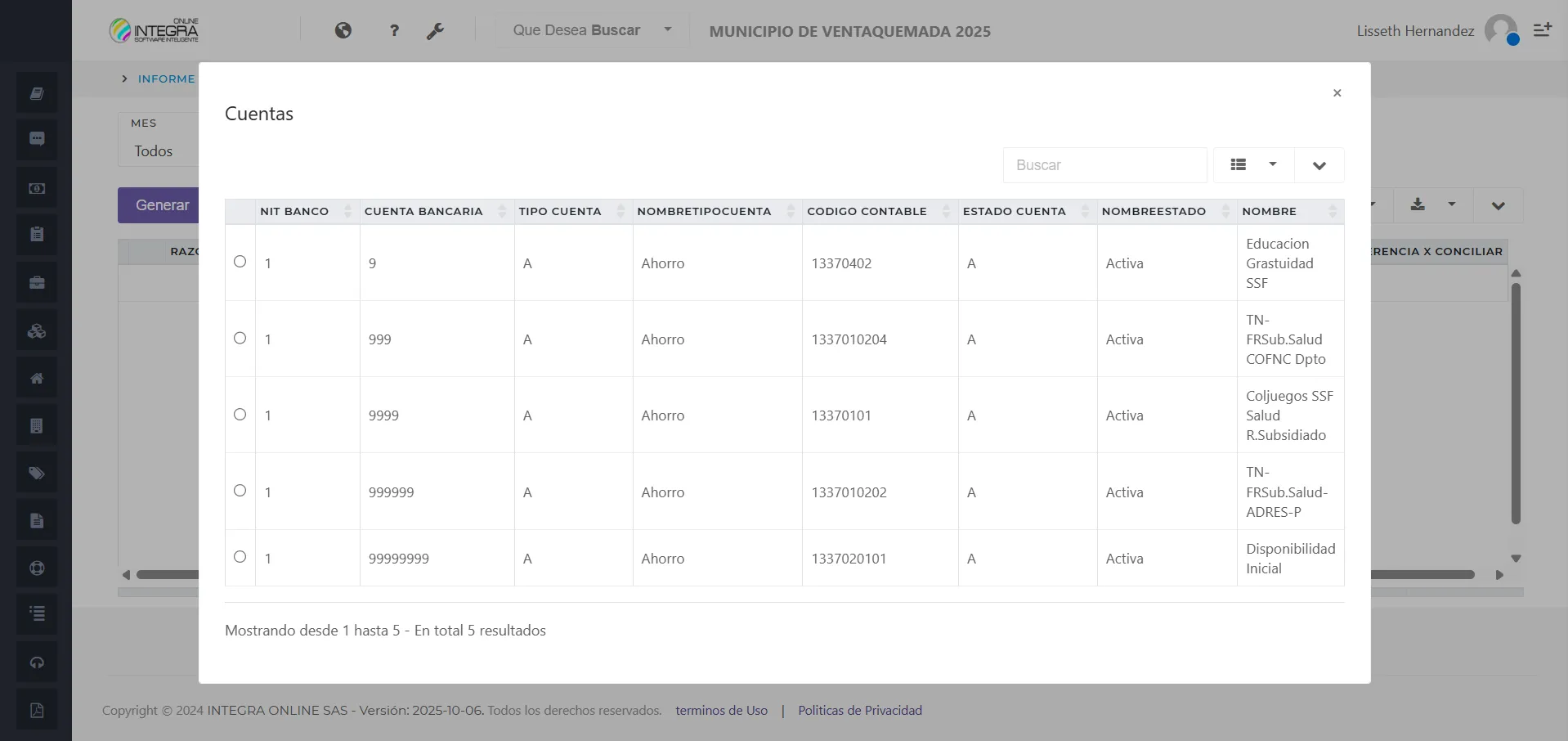 Vsta inicial del reporte Informe de Conciliaciones Bancarias
