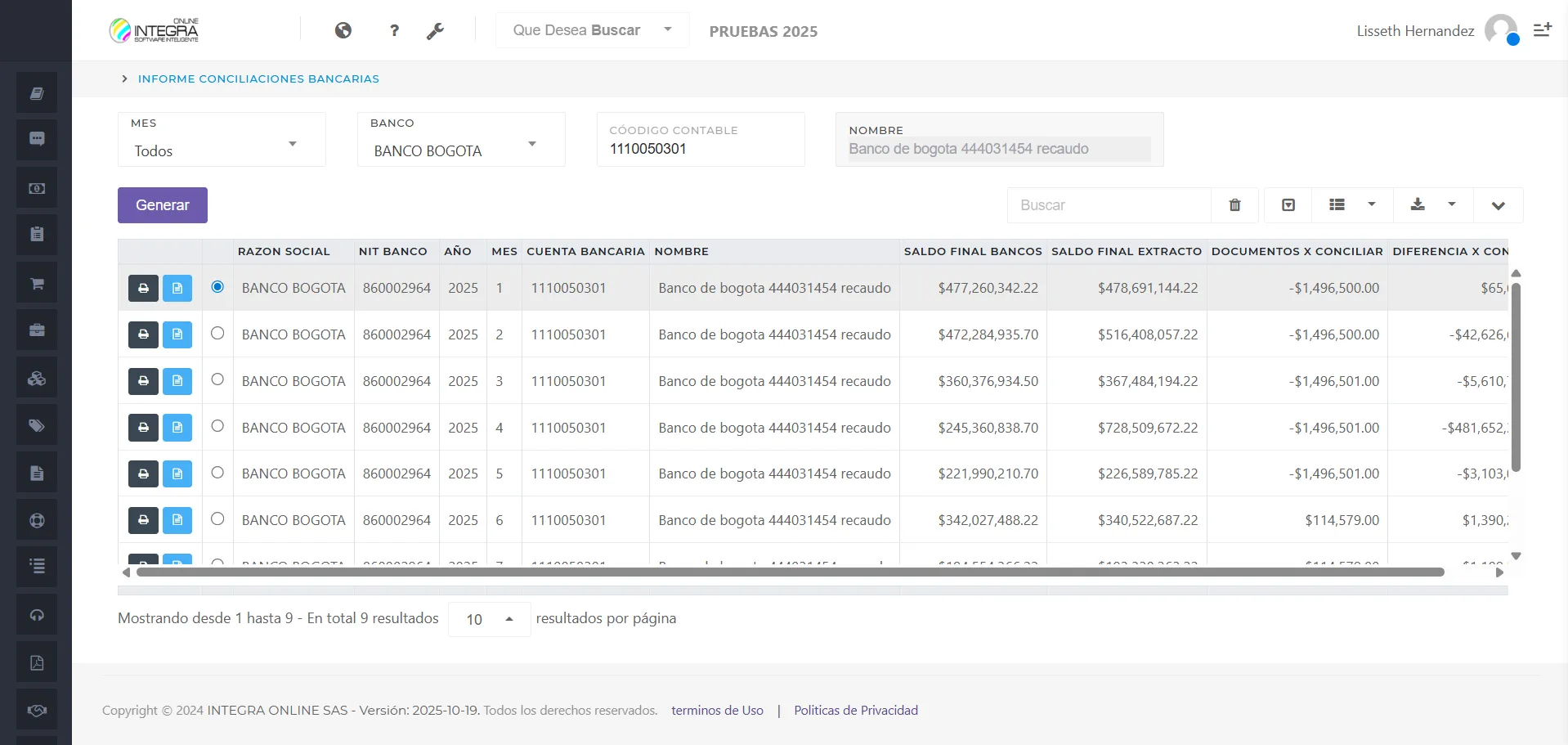 Vsta inicial del reporte Informe de Conciliaciones Bancarias