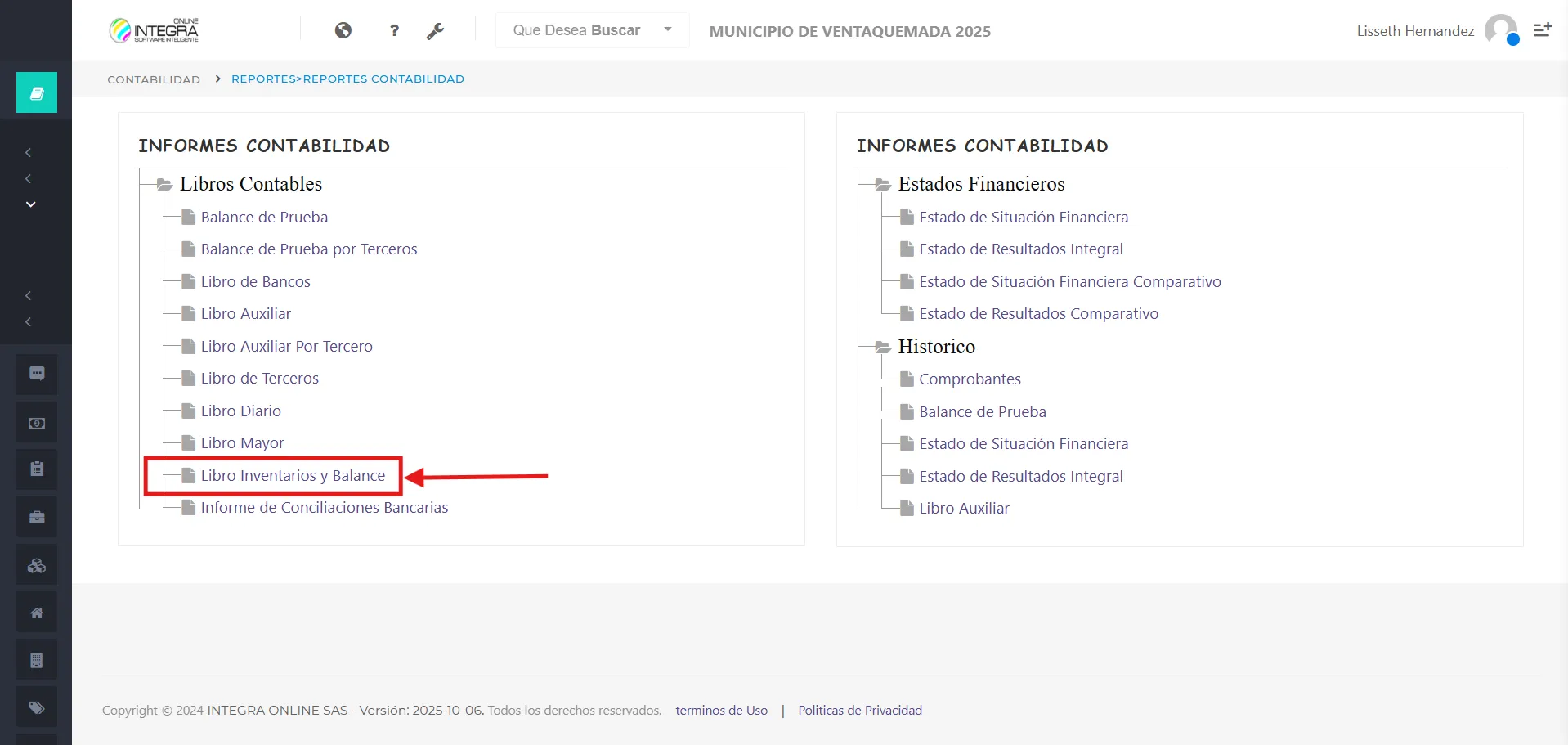 Vsta inicial del reporte Libro Inventarios y Balance