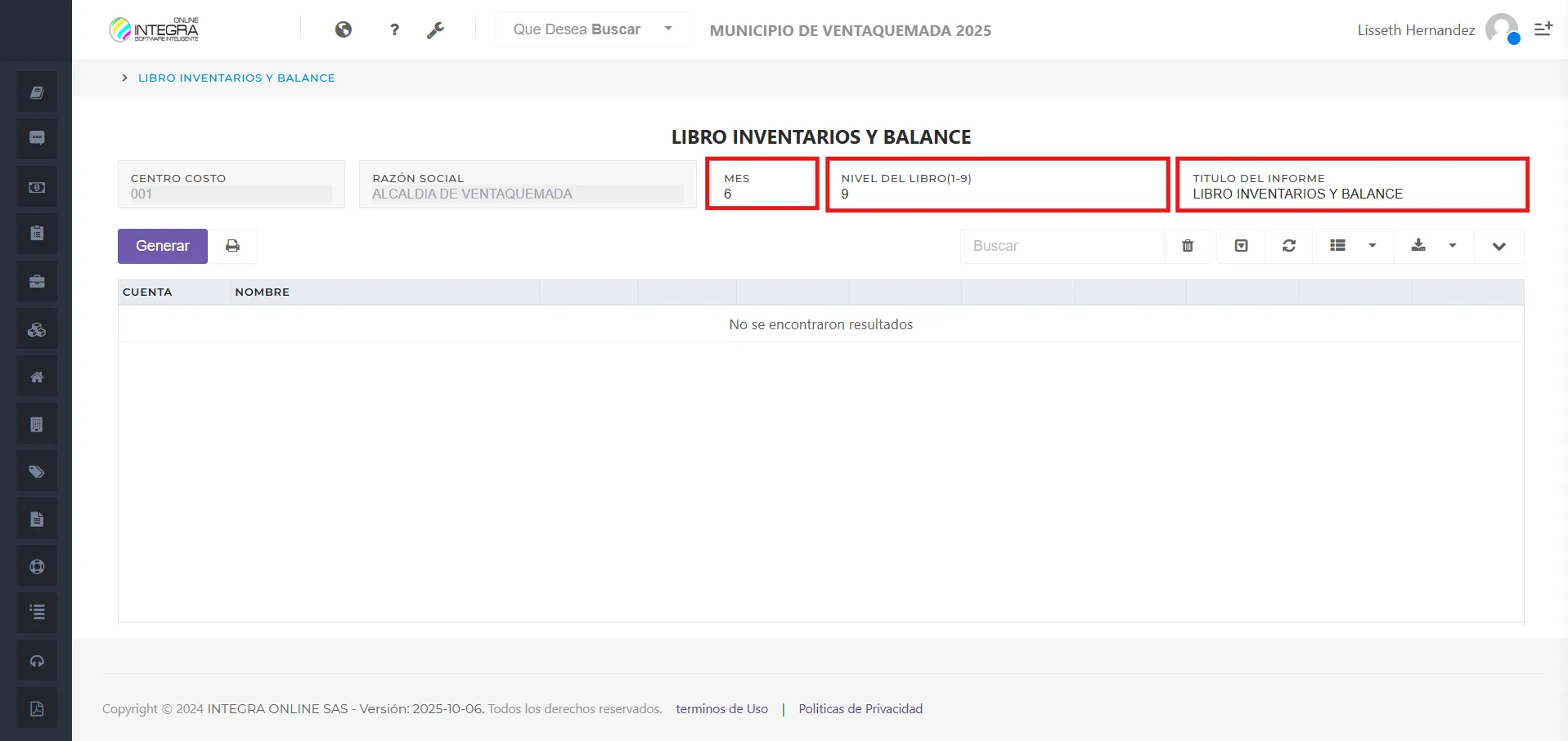 Vsta inicial del reporte Libro Inventarios y Balance