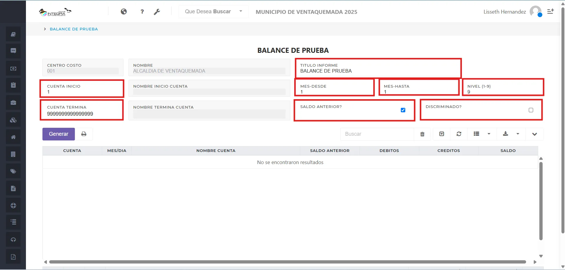 Vsta inicial del reporte balance de prueba