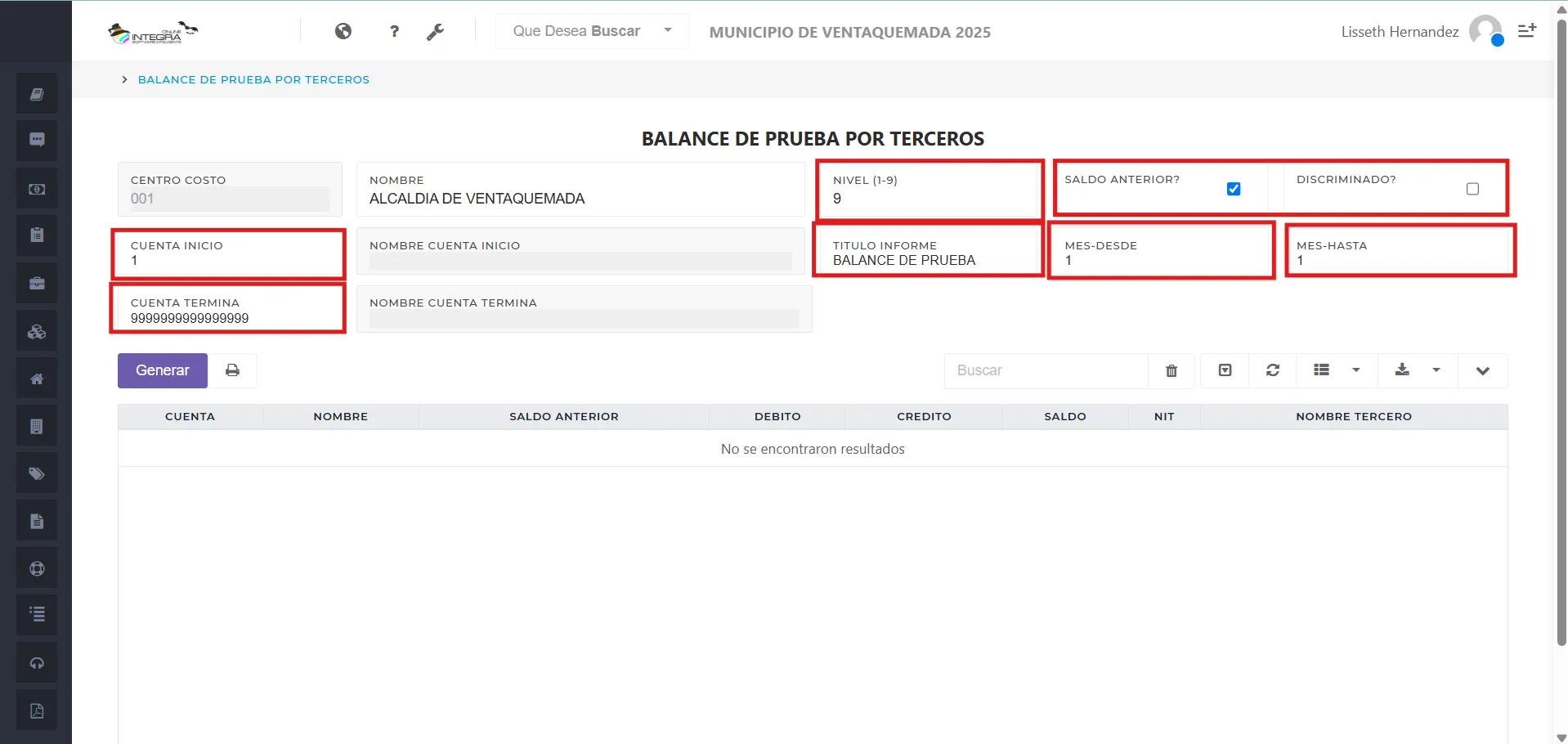 Vsta inicial del reporte balance de prueba