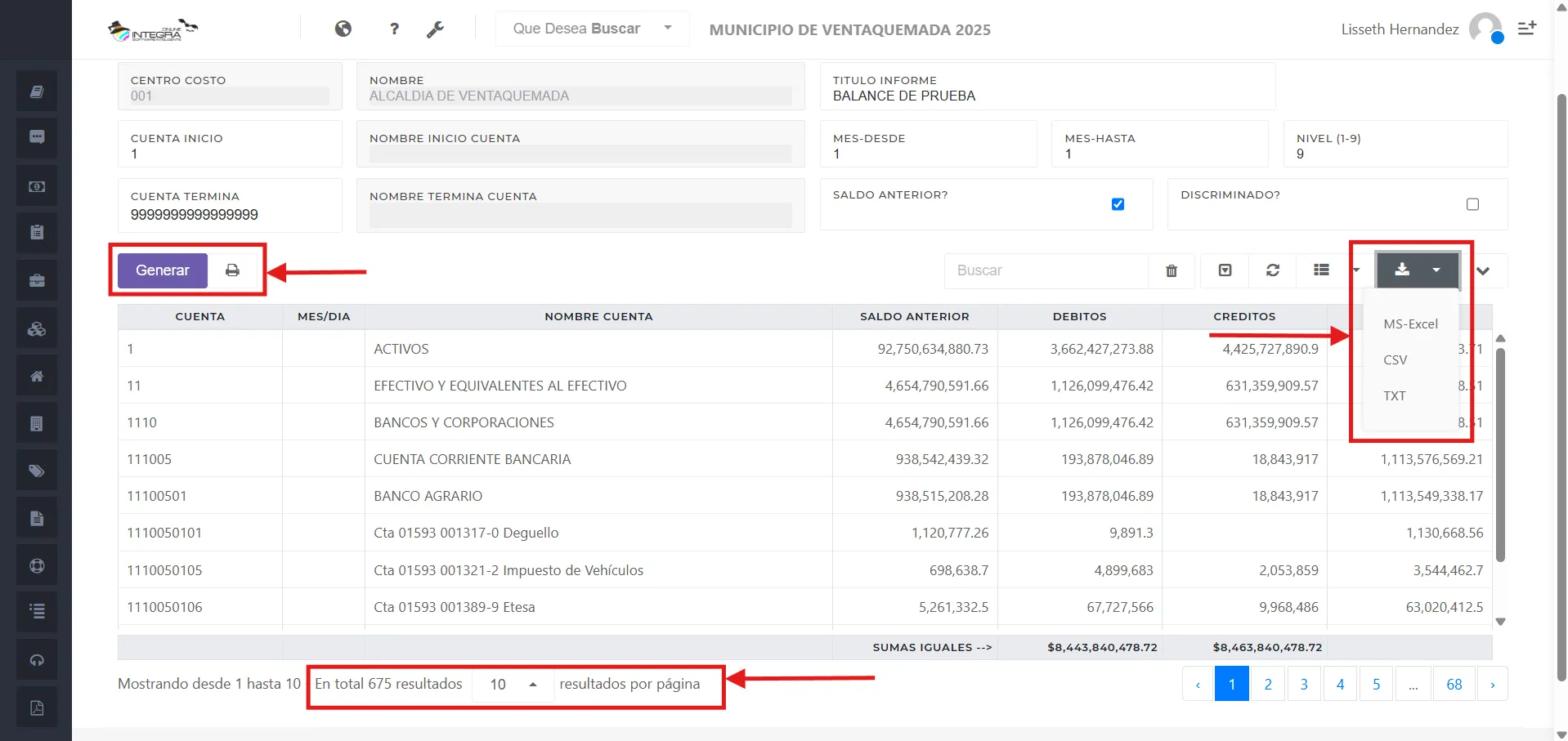 Vsta inicial del reporte balance de prueba