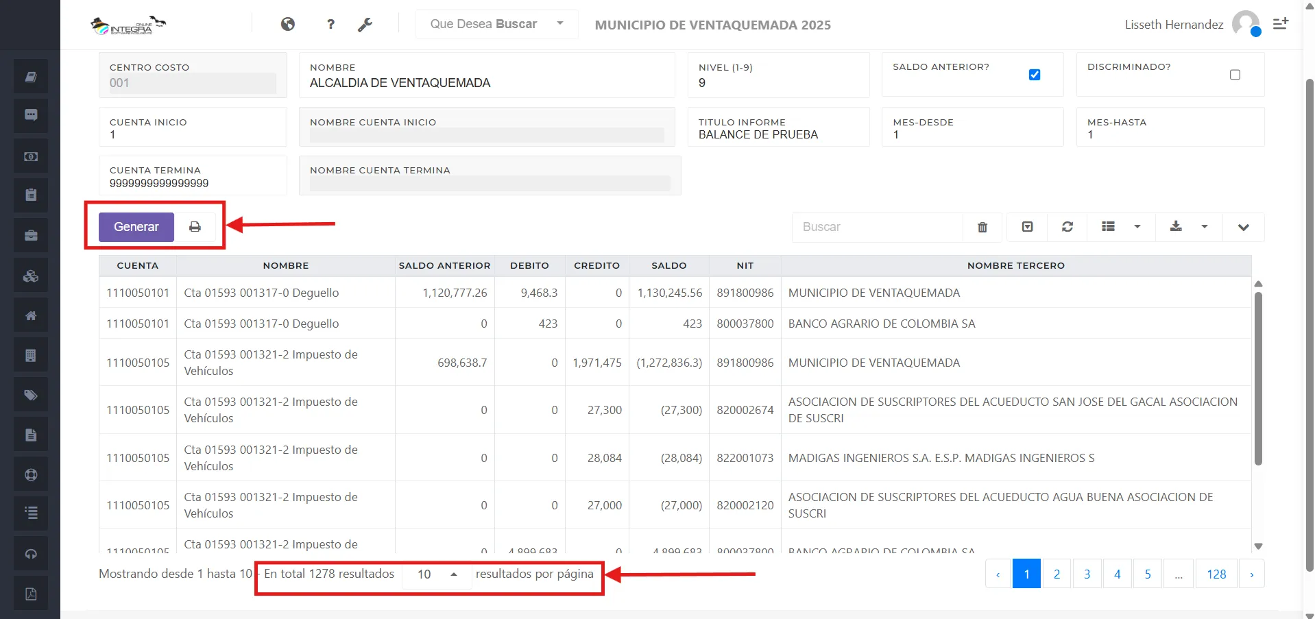 Vsta inicial del reporte balance de prueba