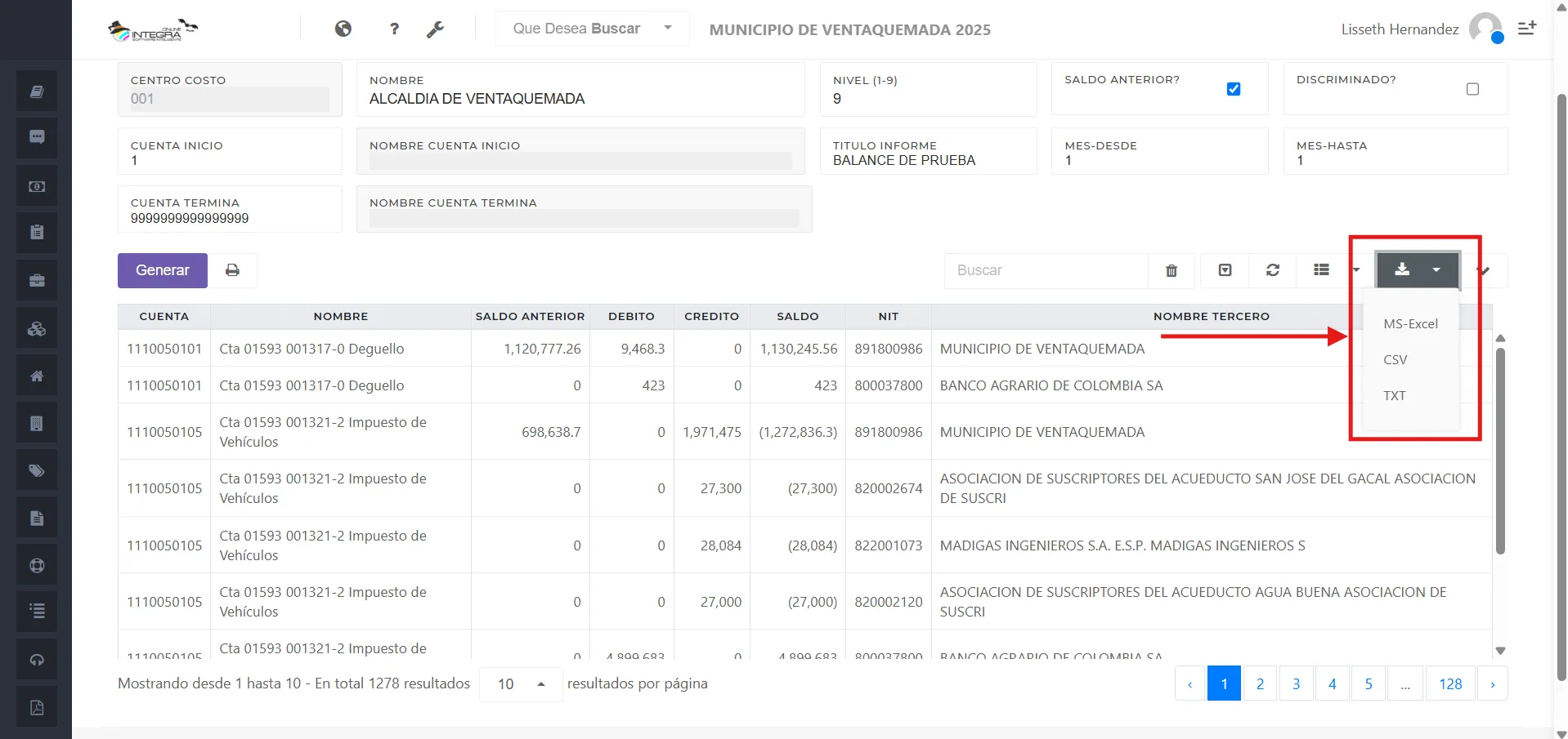 Vsta inicial del reporte balance de prueba