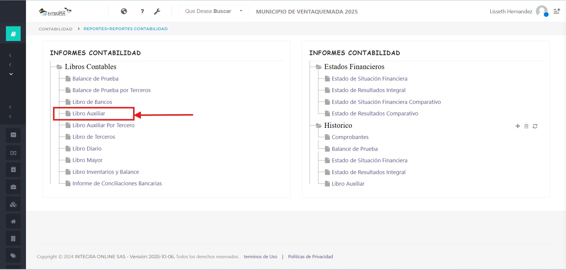 Vsta inicial del reporte libro auxiliar