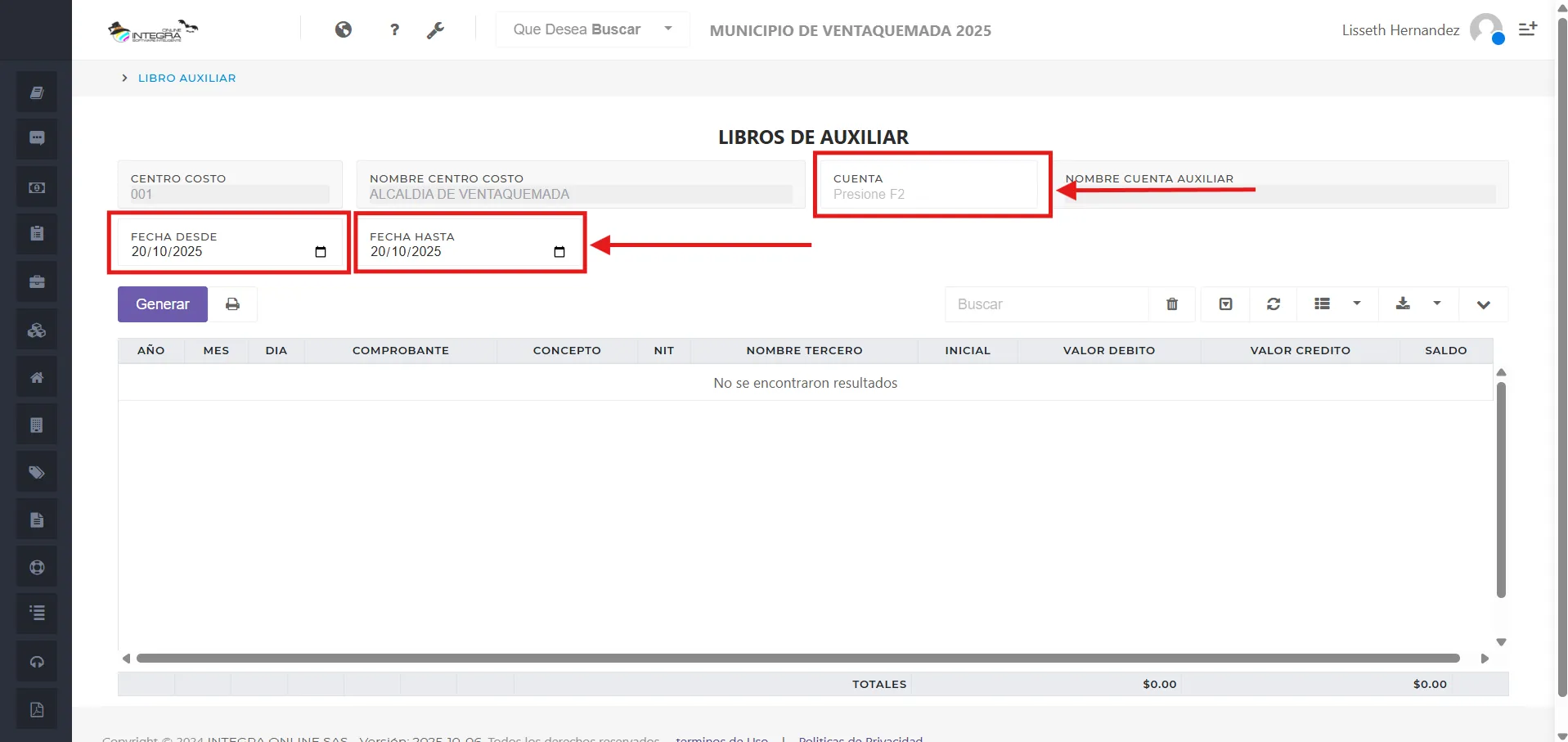 Vsta inicial del reporte libro auxiliar