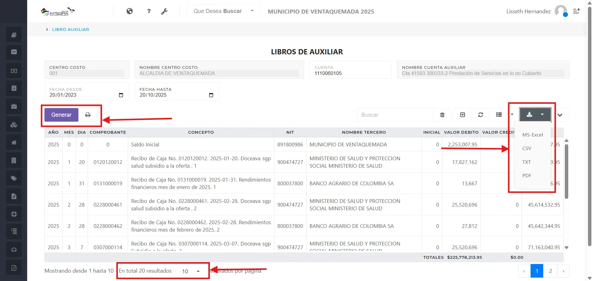 Vsta inicial del reporte libro auxiliar