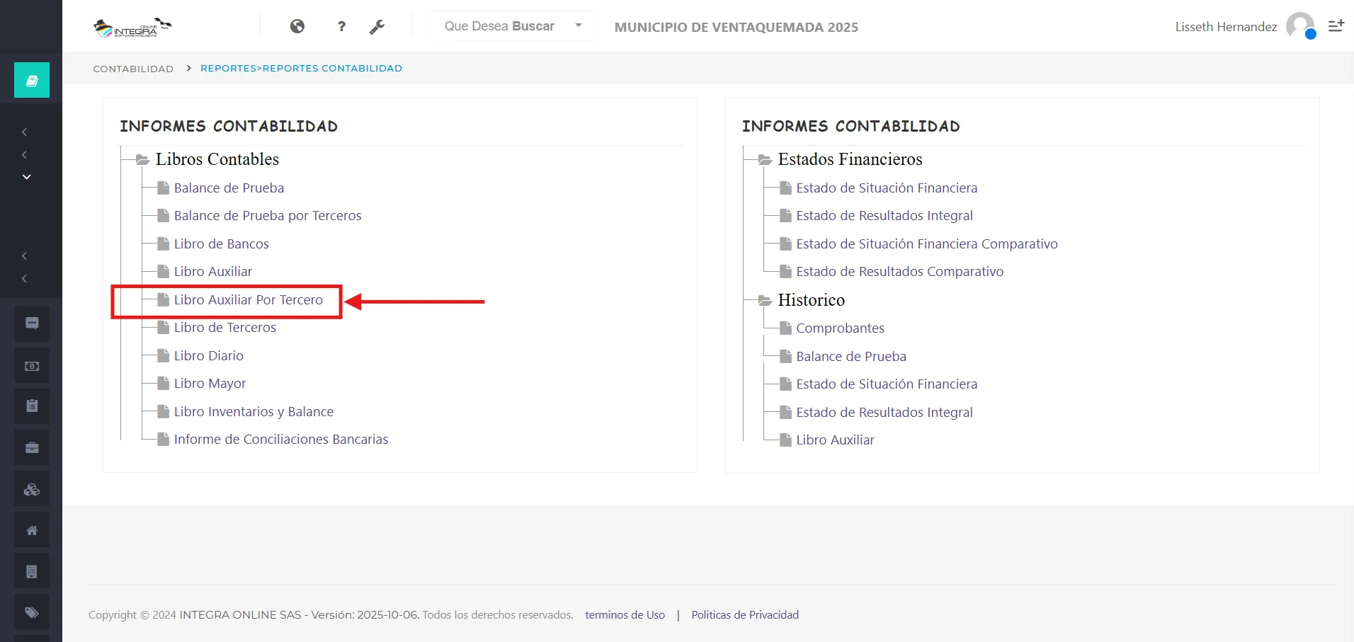 Vsta inicial del reporte libro auxiliar por tercero
