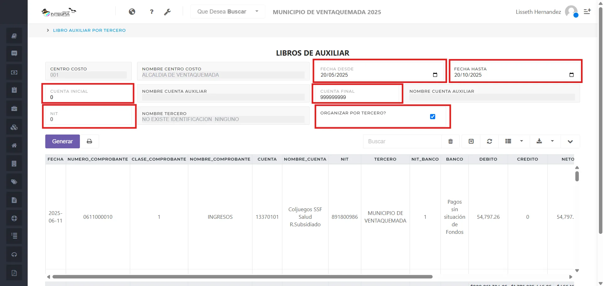 Vsta inicial del reporte libro auxiliar por tercero