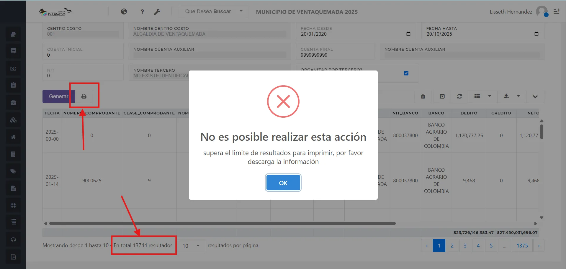 Vsta inicial del reporte libro auxiliar por tercero