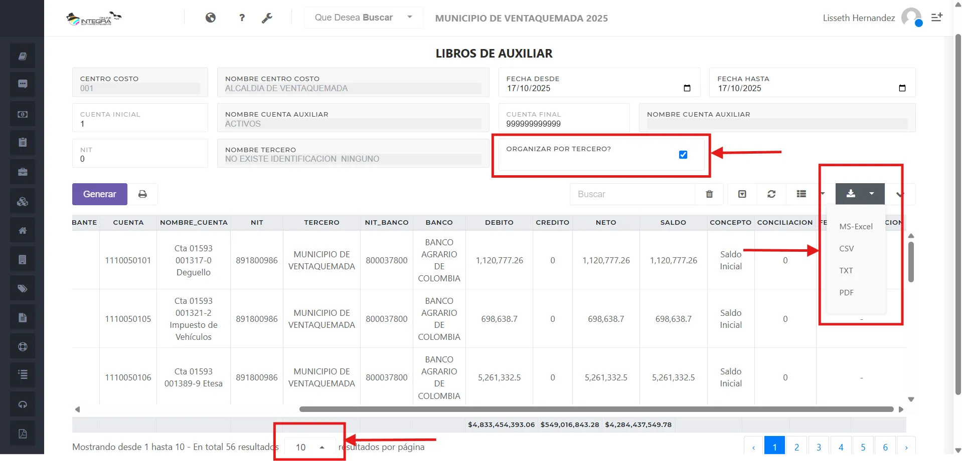 Vsta inicial del reporte libro auxiliar por tercero