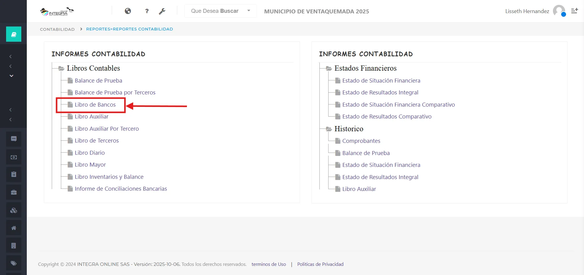 Vsta inicial del reporte Libro de Bancos