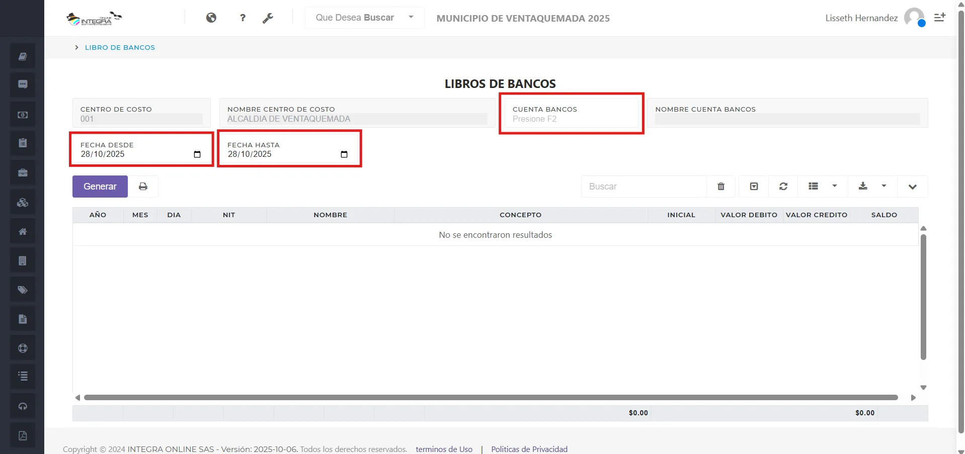 Vsta inicial del reporte Libro de Bancos