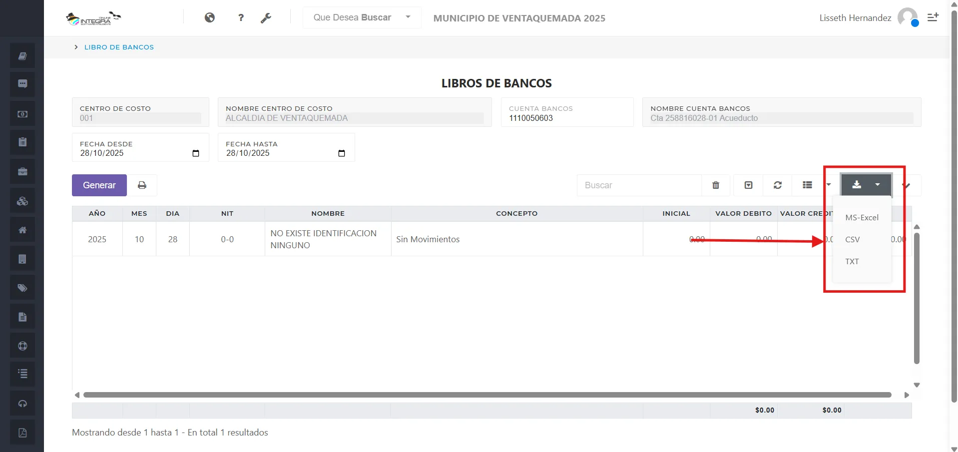 Vsta inicial del reporte Libro de Bancos