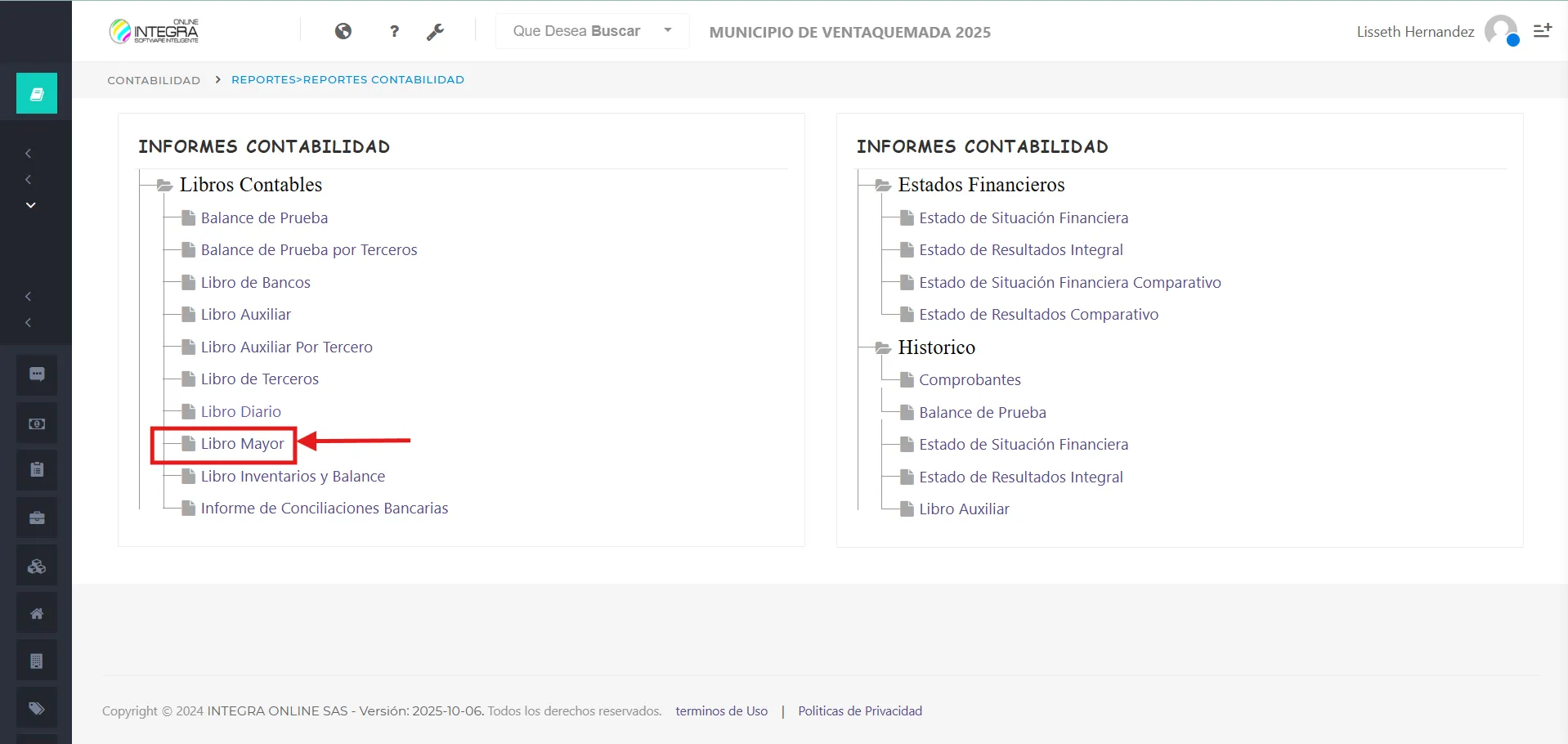 Vsta inicial del reporte Libro Mayor