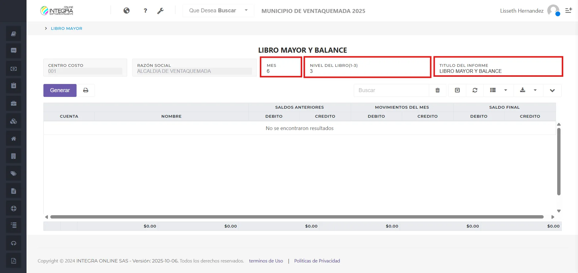 Vsta inicial del reporte Libro Mayor