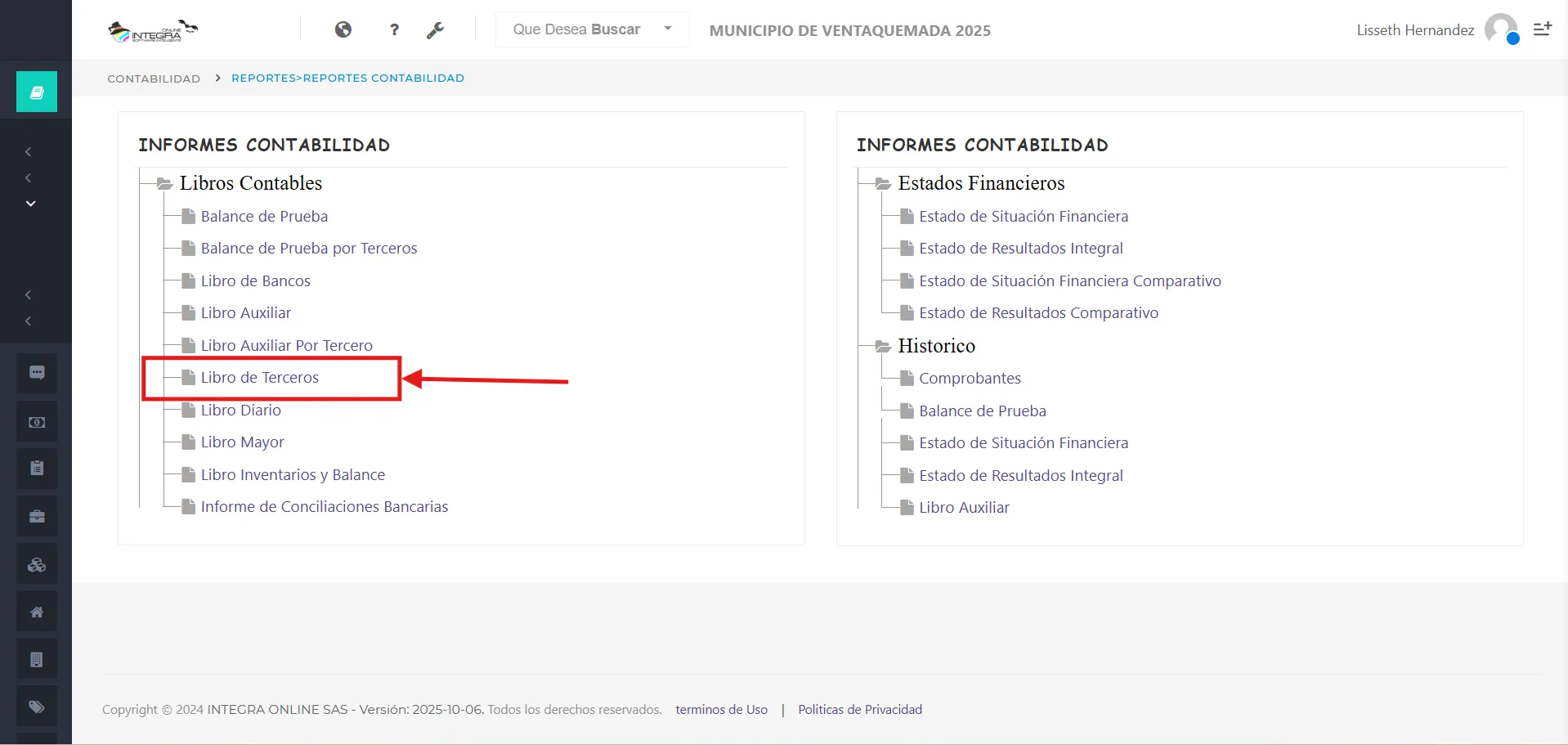 Vsta inicial del reporte Libro de terceros