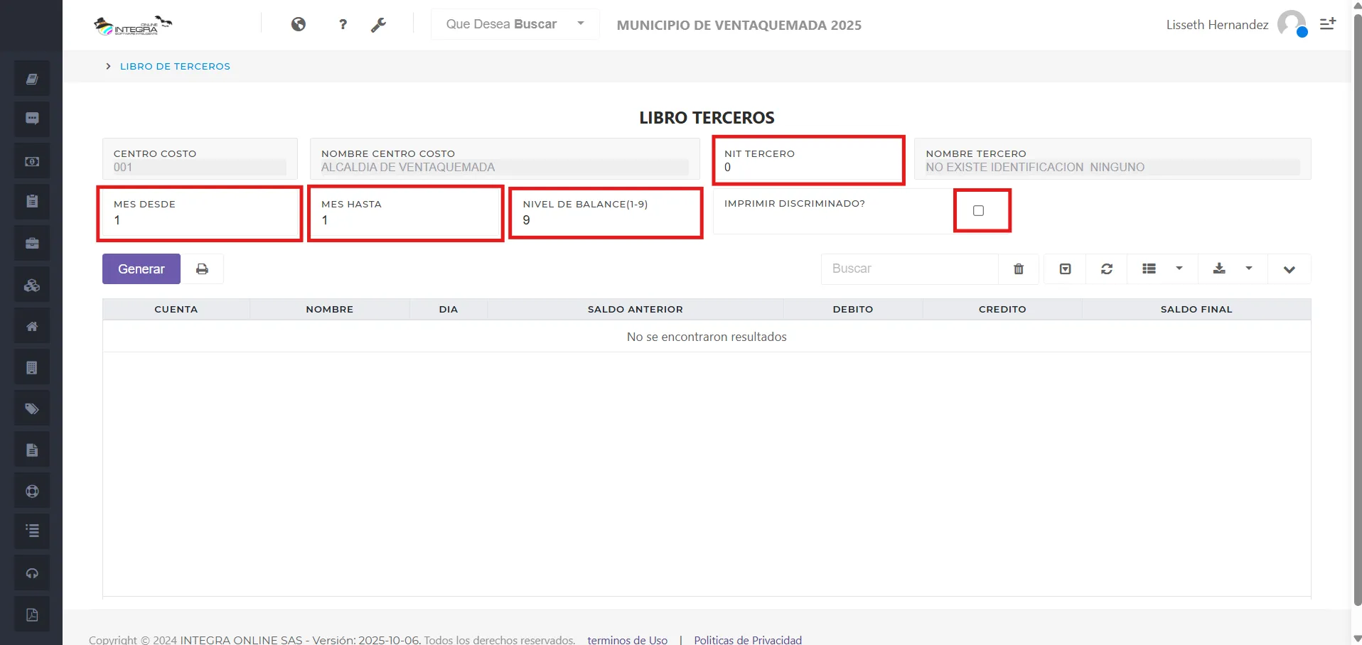 Vsta inicial del reporte Libro de terceros