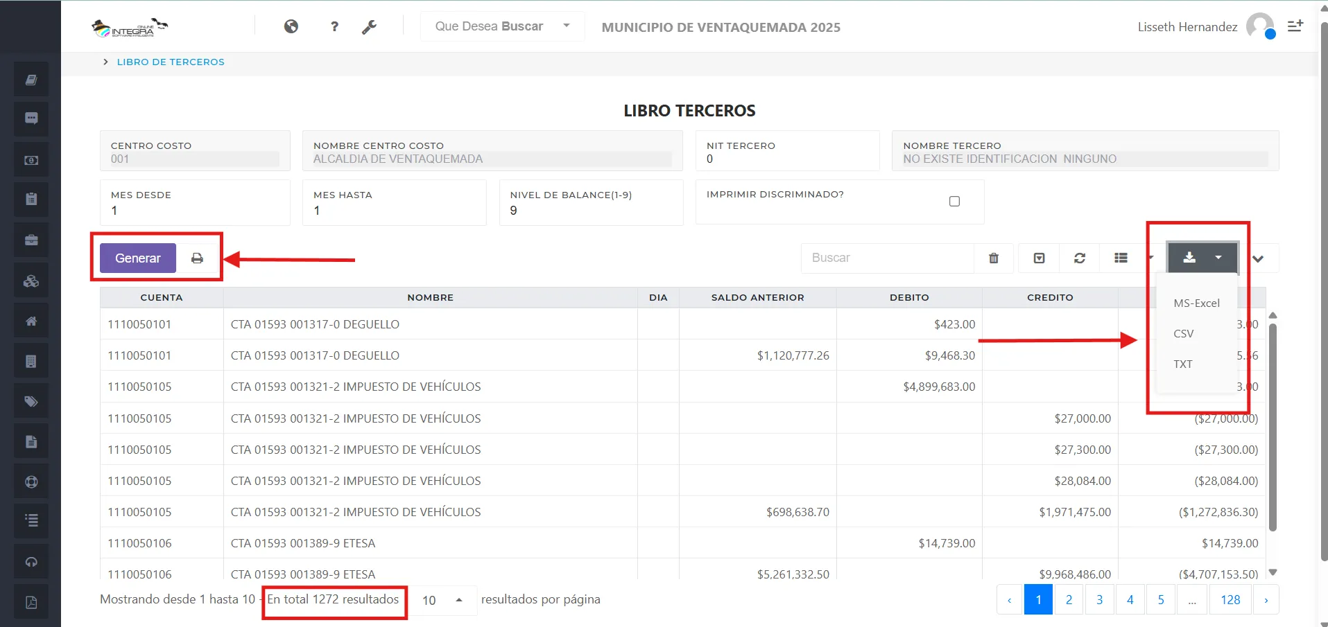 Vsta inicial del reporte Libro de terceros
