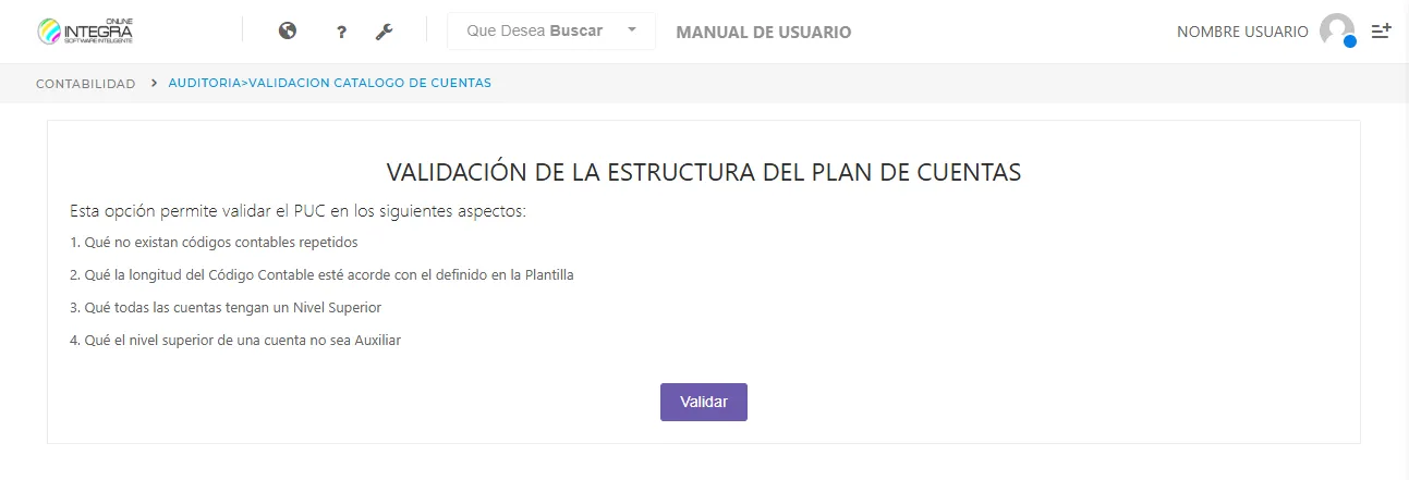 Imagen vista general de la funcionalidad de la auditoría validacion PUC