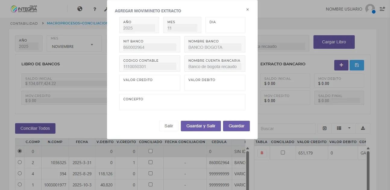 Vista formulario modal agregar movimiento de extracto
