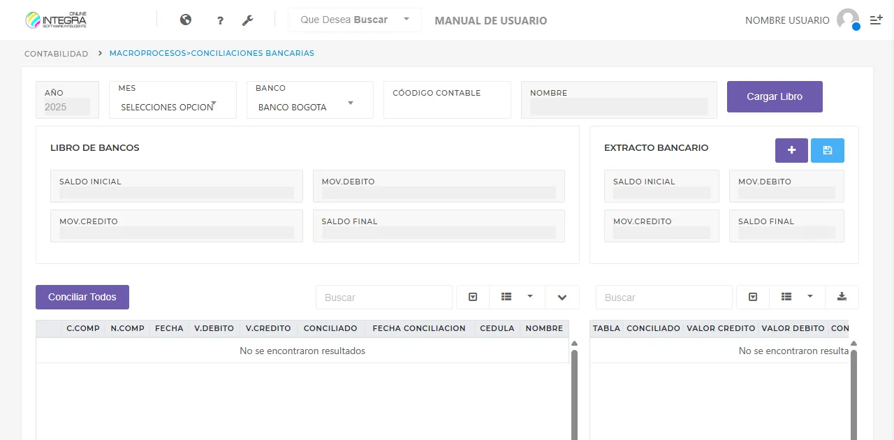 Vista inicial Conciliaciones bancarias