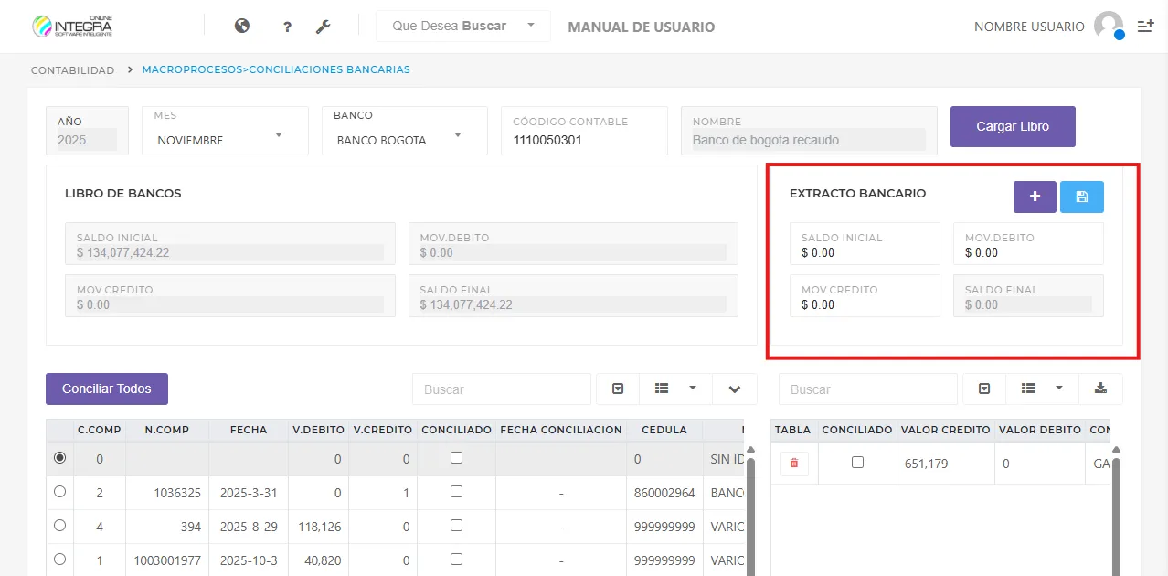 Vista informacion del extracto bancario